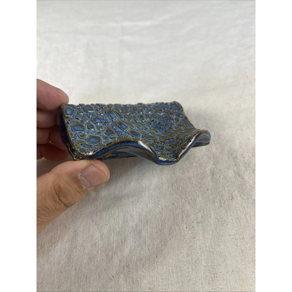 Handmade Studio Art Pottery Spoon Rest Ceramic Blue Bronze Reptile Sponge Holder